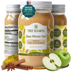 TrueSeaMoss jar front view showing apple cinnamon label and glass jar benefit convenience