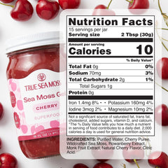 TrueSeaMoss cherry label detail highlighting origin and manufacturing transparency