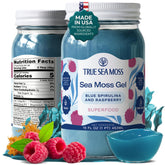 TrueSeaMoss front jar view showing label and vibrant blue-raspberry gel benefit ease of use
