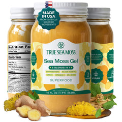 TrueSeaMoss front jar label showing product and glass packaging benefit