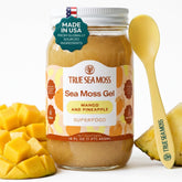 TrueSeaMoss front label showing mango pineapple flavor and jar benefits