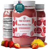 TrueSeaMoss front packaging showing 16oz jar and strawberry label for convenience