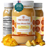 TrueSeaMoss front jar showing mango pineapple label and clear glass benefit convenience