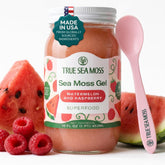 TrueSeaMoss front jar view showing watermelon raspberry flavor and convenient 16oz size