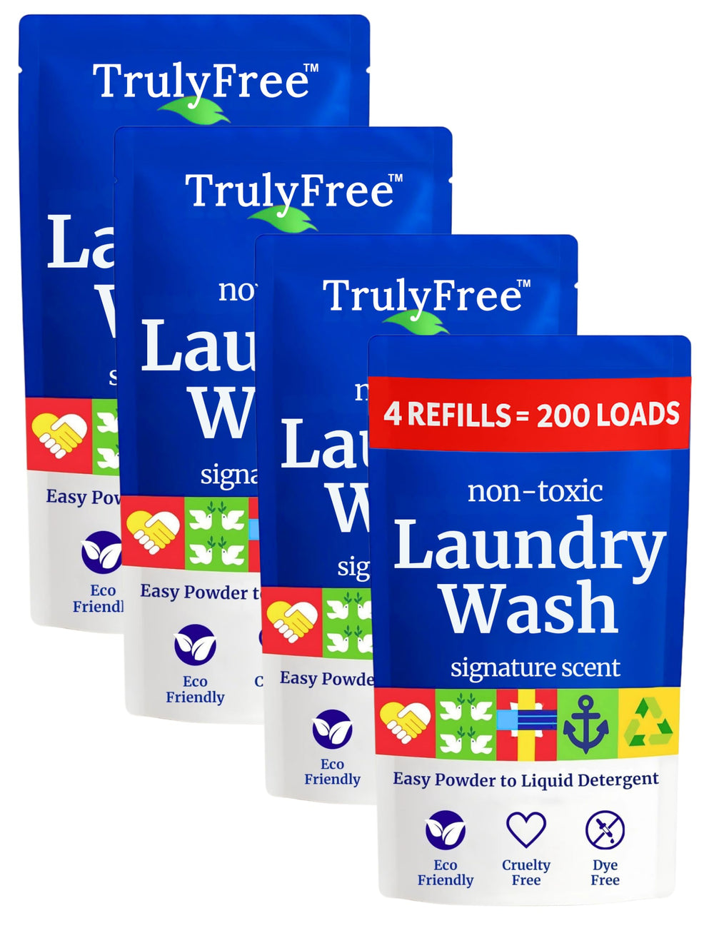 Truly Free front packaging showing four refill packs and eco benefits