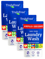 Truly Free front packaging showing four refill packs and eco benefits