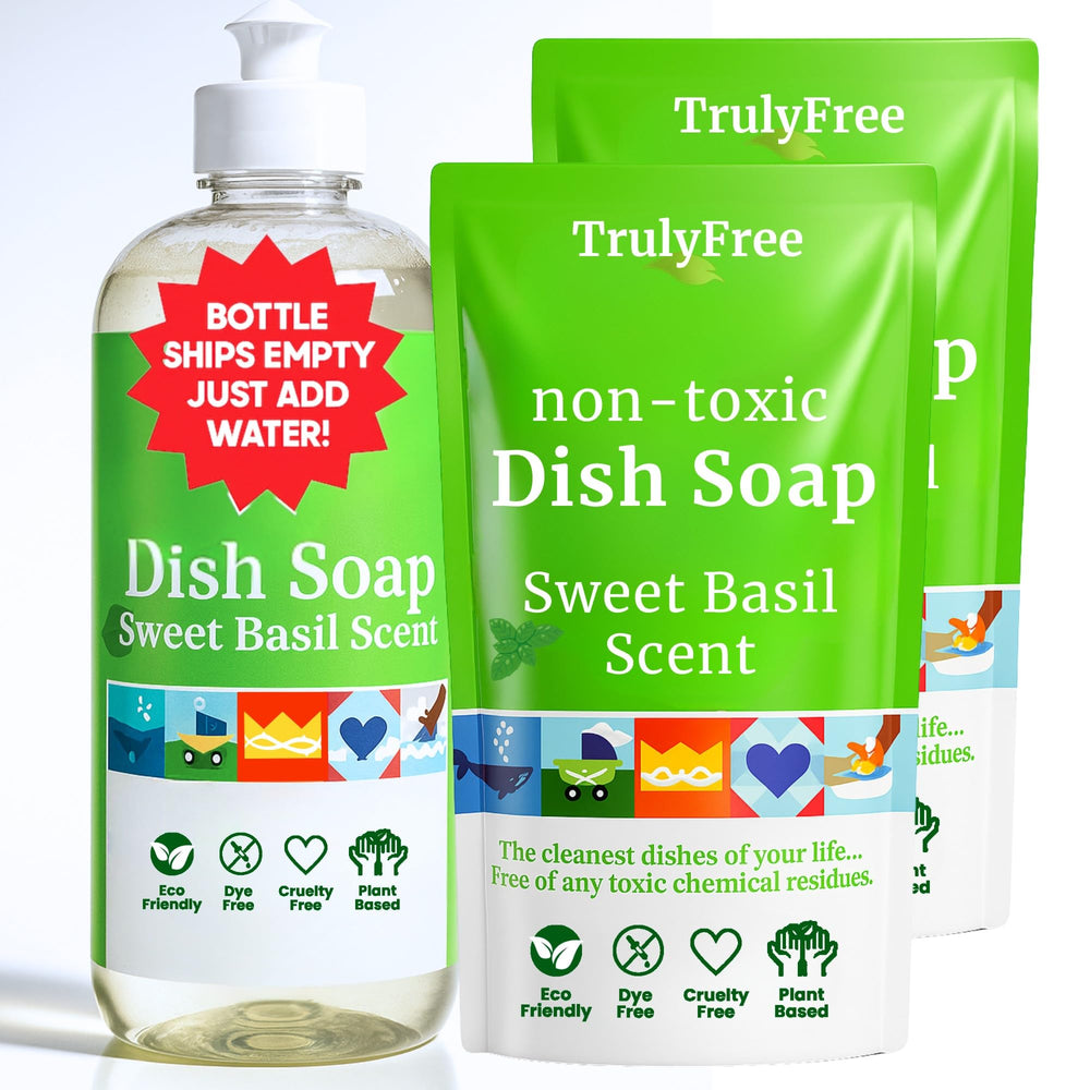 Truly Free front label showing sweet basil bottle and eco message for clear benefits