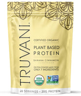 Truvani front packaging showing banana cinnamon flavor and organic badge