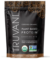 Truvani front label showing chocolate protein and USDA Organic benefit