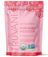 Truvani canister front view showing strawberry flavor and organic label benefit