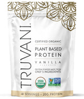 Truvani front packaging showing vanilla protein tub and clean-label benefit