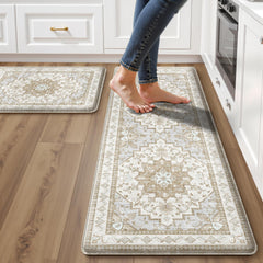 tubeamin front view of beige tan boho kitchen mats showing design and style benefit