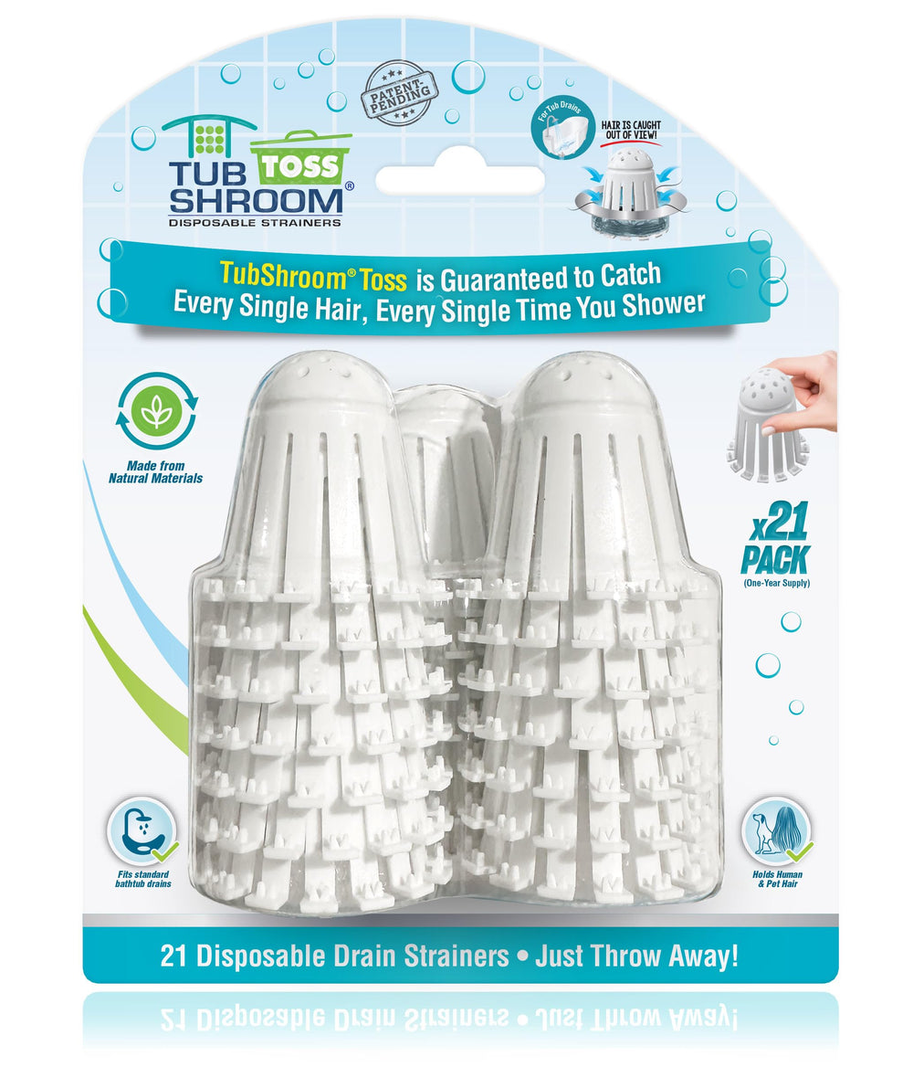 TubShroom Toss front packaging showing 21-pack and convenience