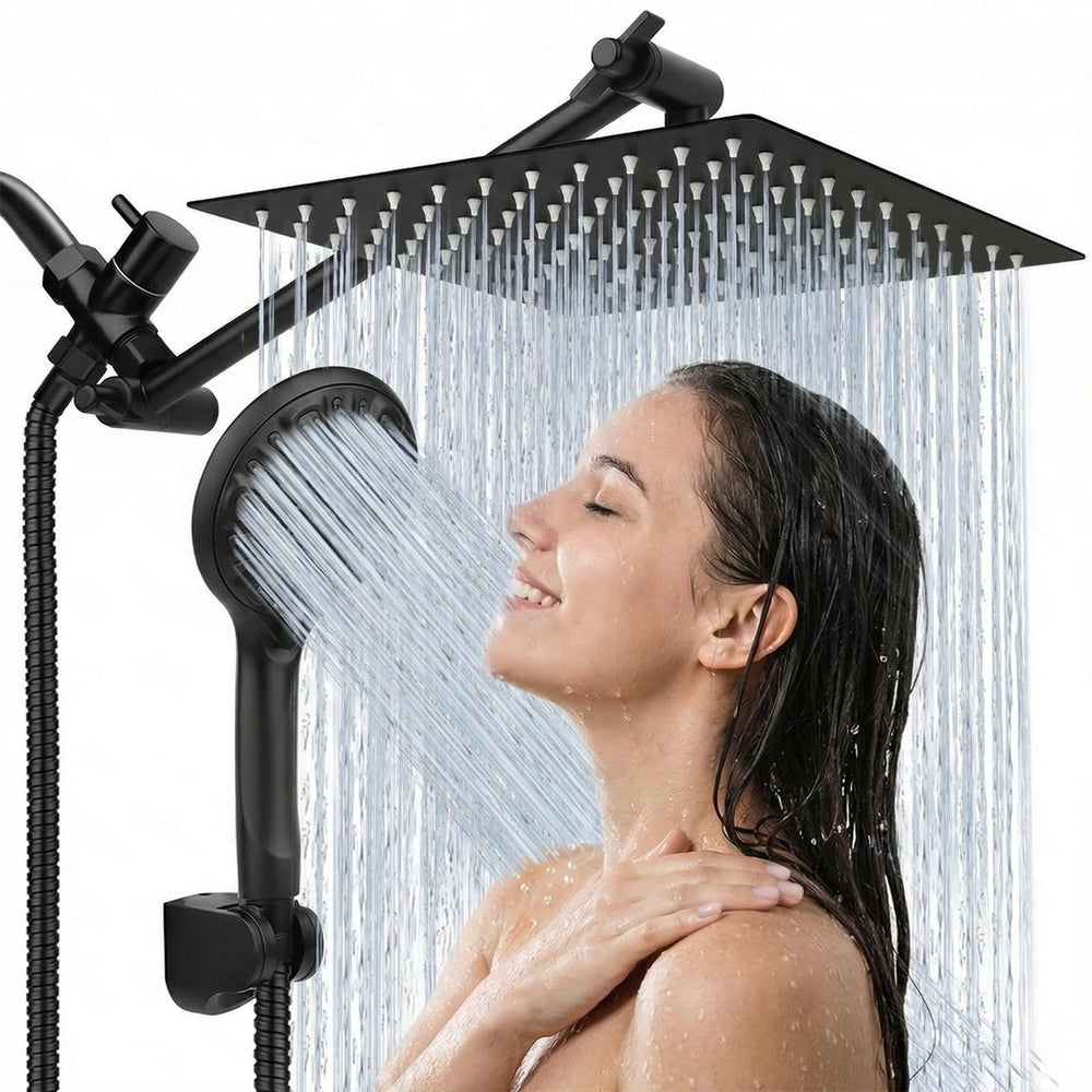 Tudoccy front view of matte black shower combo showing modern design and full coverage