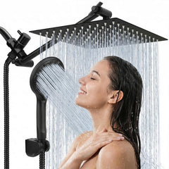 Tudoccy front view of matte black shower combo showing modern design and full coverage
