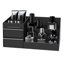 Turesmith front view organizer neatly holds colognes and grooming items for easy access