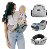 Tushbaby front view grey showing secure hip-seat and caregiver comfort