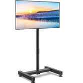 TVON stand front view with mounted TV showing stable setup and space-saving benefit