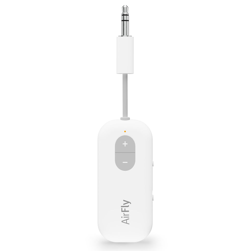 Twelve South AirFly SE front view showing compact transmitter and indicator light for easy travel