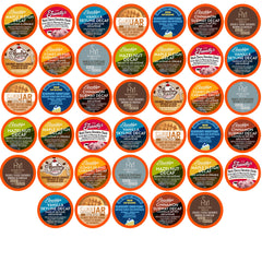 Two Rivers Coffee box front showing assorted decaf pods and flavorful variety