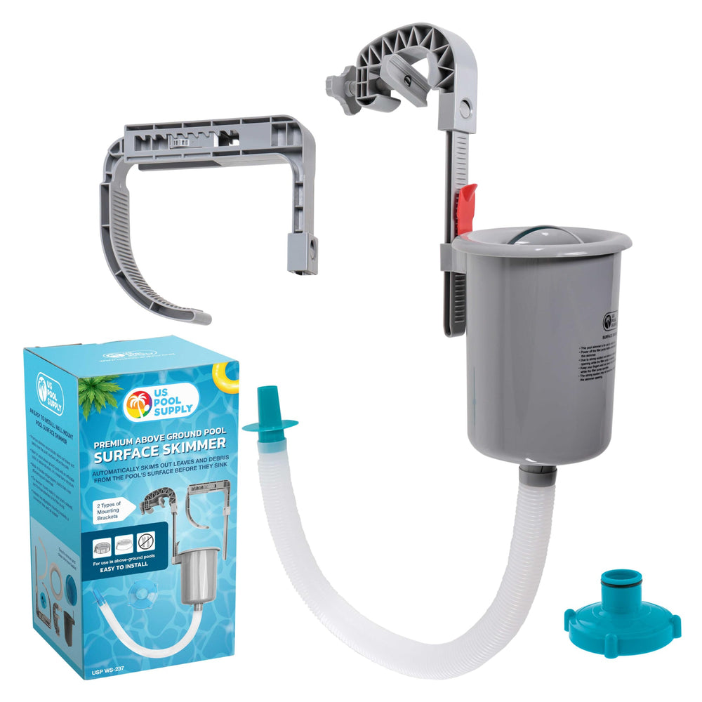 U.S. Pool Supply skimmer front view showing mouth and flotation, keeps water cleaner