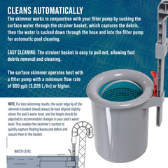 U.S. Pool Supply skimmer installed on tubular frame, delivers continuous surface skimming