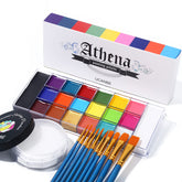 UCANBE palette front view showing 20 oil paints and large black white pans, vivid coverage