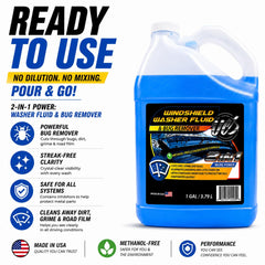 UCS fluid splashing on windshield showing fast bug removal benefit