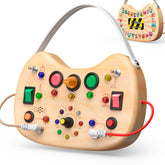 UdoUto busy board front view showing LEDs and switches, promotes focused play