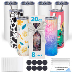 UIRZOTN front view of eight 20oz skinny tumblers showing uniform blanks and branding benefit