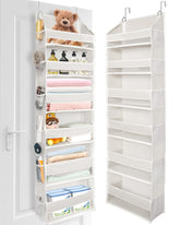 ULG front view of beige over the door organizer showing pocket layout and benefit of space saving