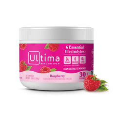 Ultima Replenisher canister front view showing raspberry label and clear benefits
