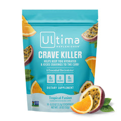 Ultima Replenisher front packaging showing Tropical Fusion benefits and portability