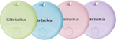 Ultrbeka front packaging showing four trackers and included accessories, easy setup benefit