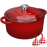Umite Chef front view of red Dutch oven showing durable enamel and family size benefit
