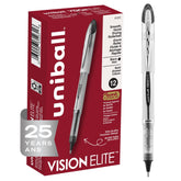 uni-ball Vision Elite front packaging showing 12 pens and bold black ink benefit