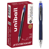 Uni-Ball Jetstream RT front packaging showing twelve blue pens, convenient supply