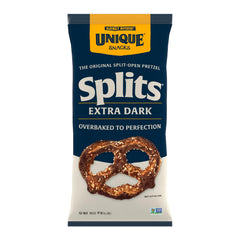Unique Snacks extra dark splits front packaging showing bold pretzel appearance and convenience
