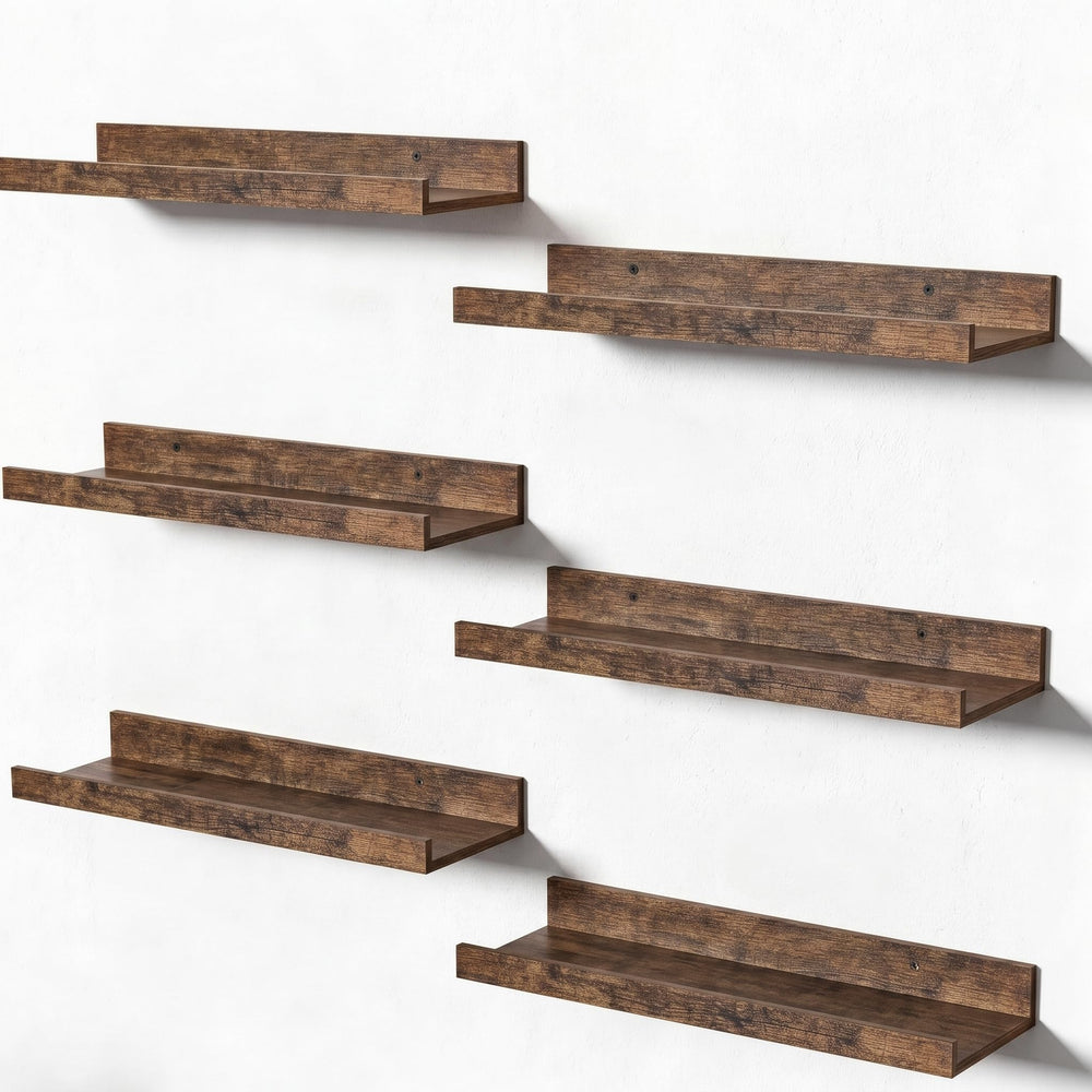 upsimples front view of six brown floating shelves, stylish and space-saving