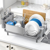 Urackify front view of dish drying rack showing organized drying and tidy counter