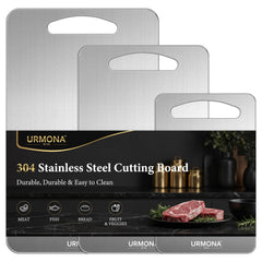 URMONA front view of three stainless steel boards showing sizes and clean finish, hygienic prep