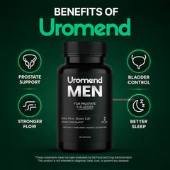 Uromend bottle open with capsules spilling, showing capsule size and convenience