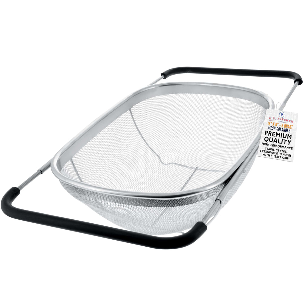 U.S. Kitchen Supply front view of stainless steel colander showing durable build and storage benefit