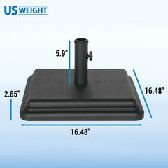 US Weight umbrella base installed with patio table illustrating steady umbrella support