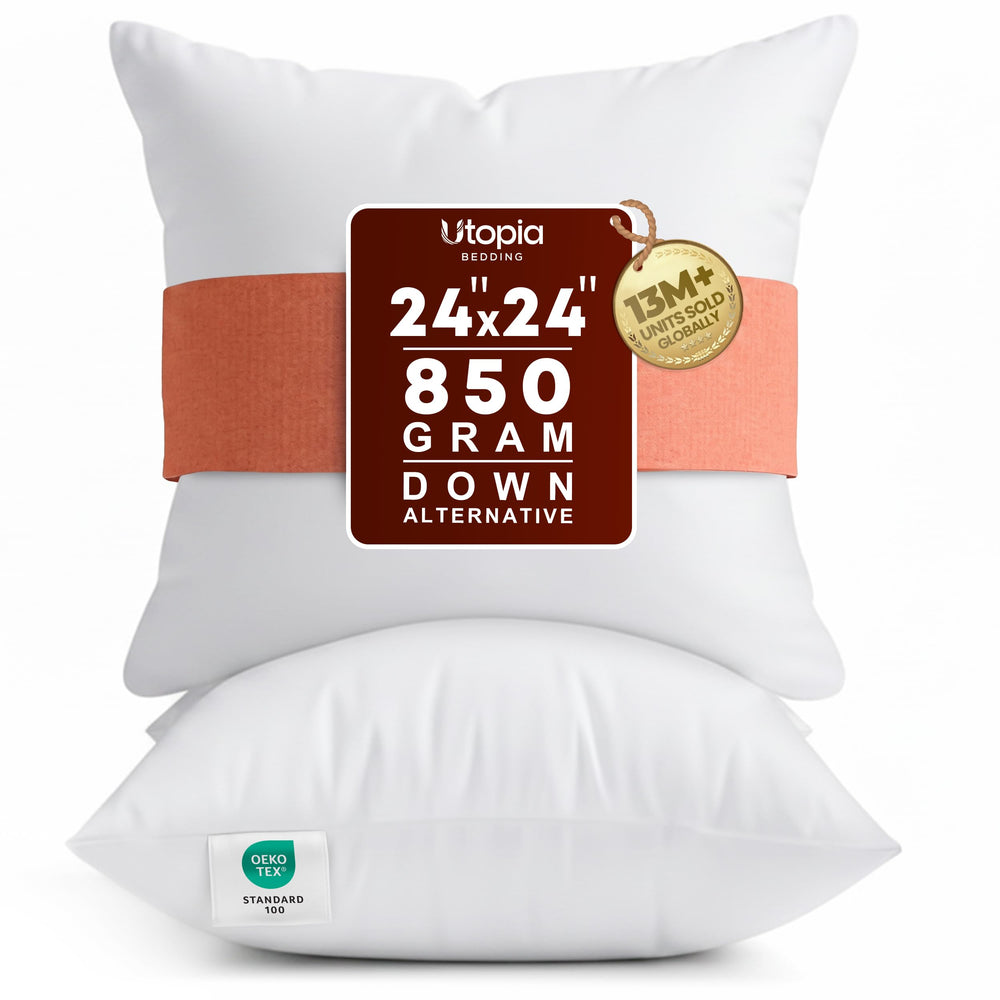 Utopia Bedding front view of two white 24x24 pillow inserts showing full set and benefit of symmetry