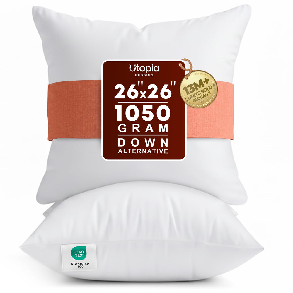 Utopia Bedding front view of two 26x26 inserts showing neat edges and benefit uniform lift
