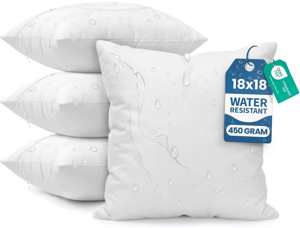Utopia Bedding front view of four white 18x18 pillows showing clean styling and cohesion
