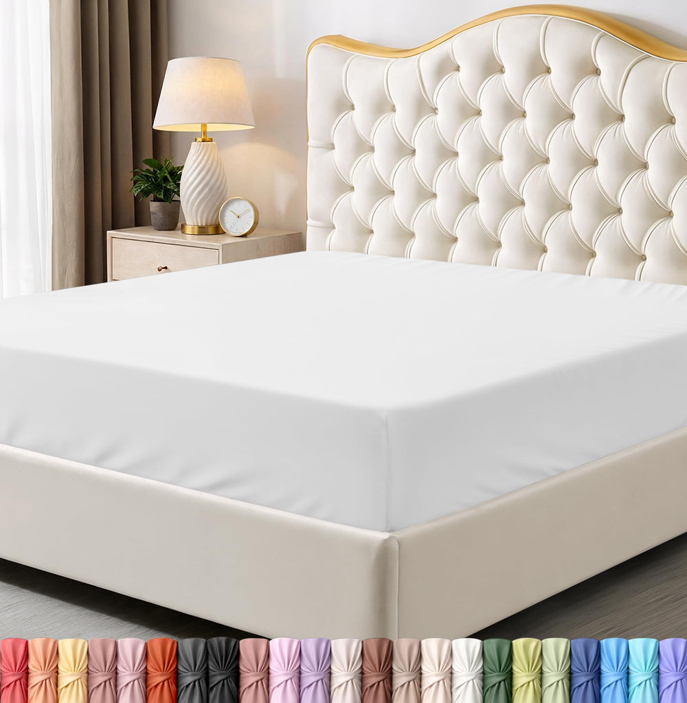 Utopia Bedding king fitted sheet front flat view shows crisp white finish and neat fit