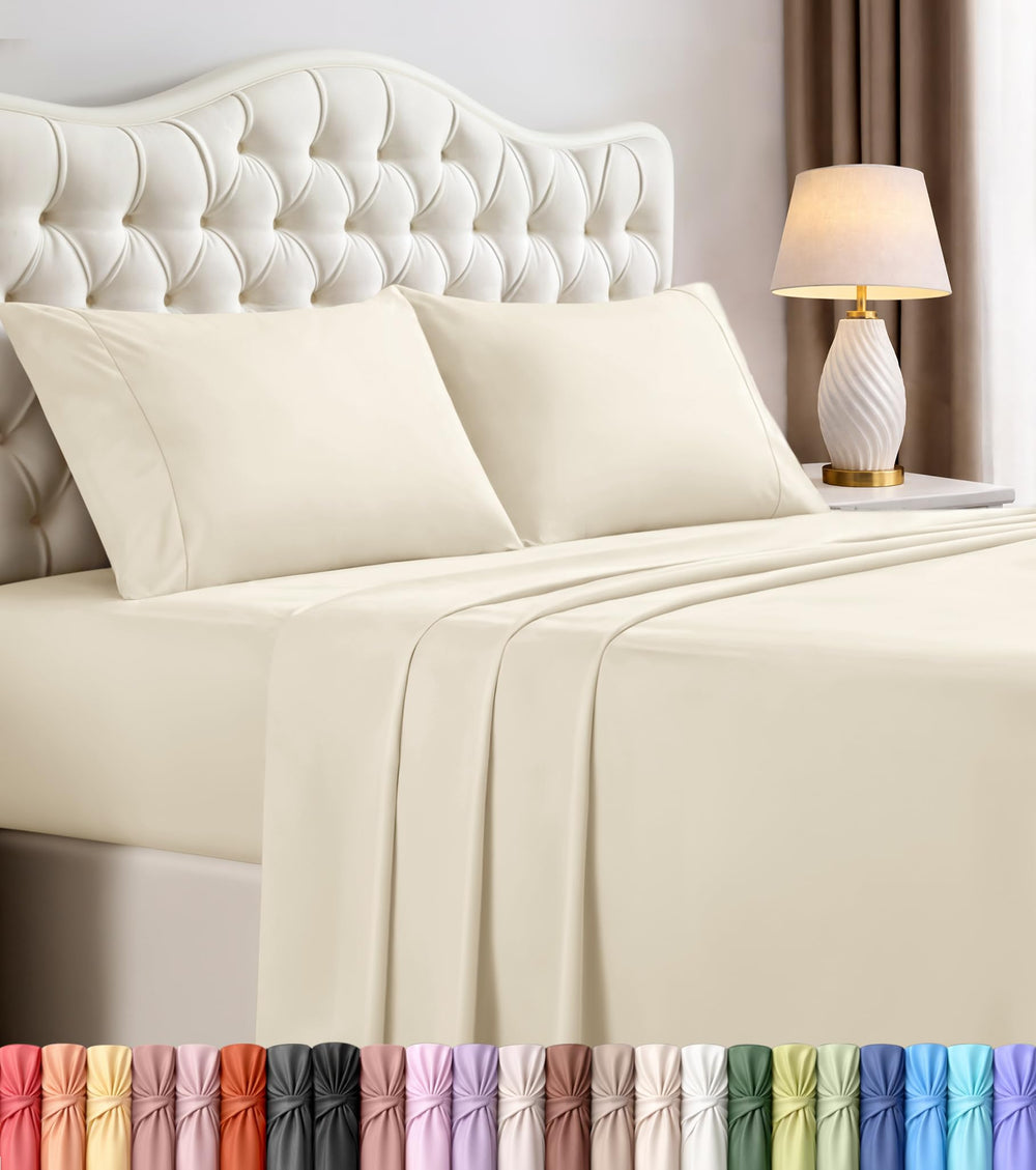 Utopia Bedding front packaging showing ivory queen set and clear contents benefit