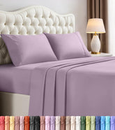 Utopia Bedding front-packaging showing lavender sheet set and clear contents benefit